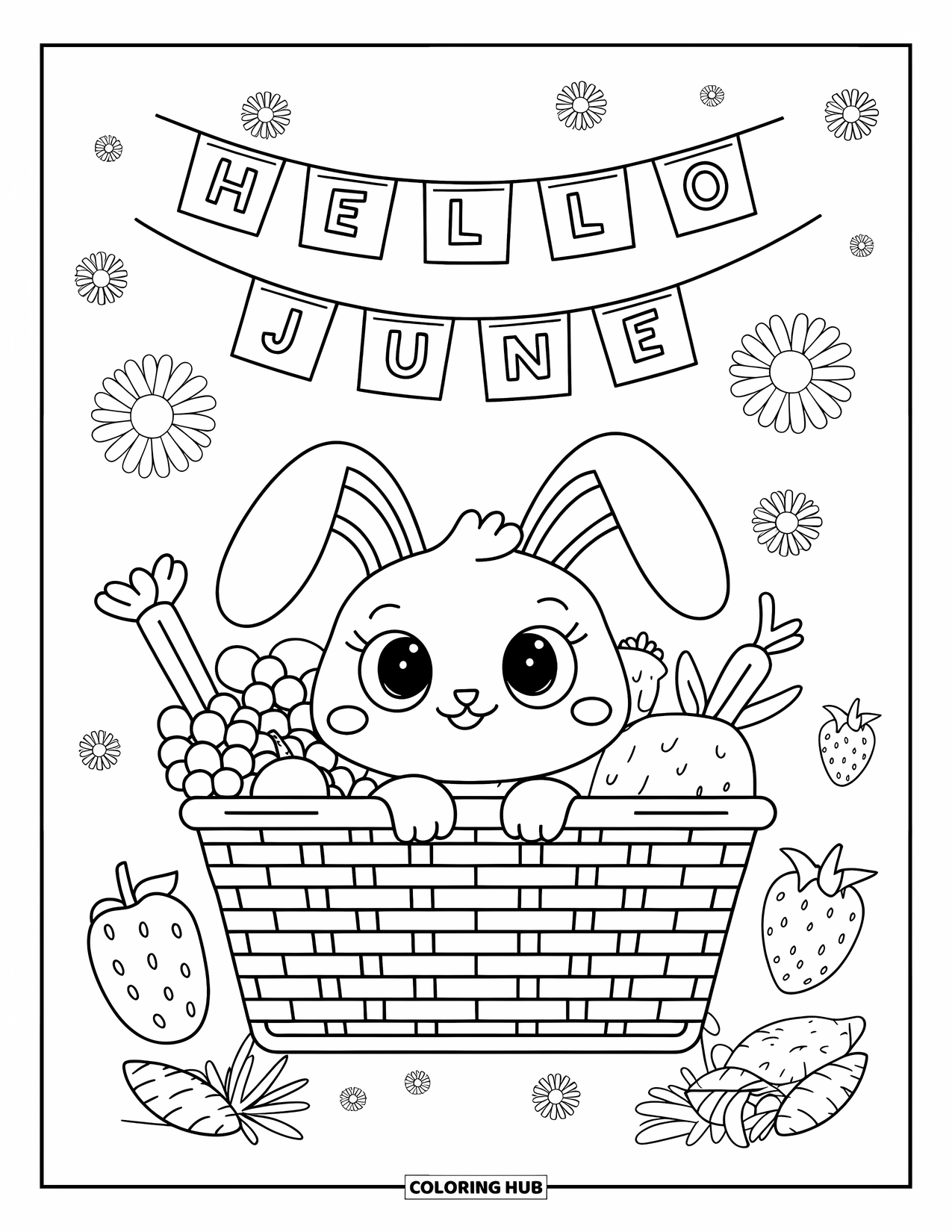 June Coloring Page for Adults: Bunny with big ears peeks from a fruit-filled basket under a ìHello Juneî banner