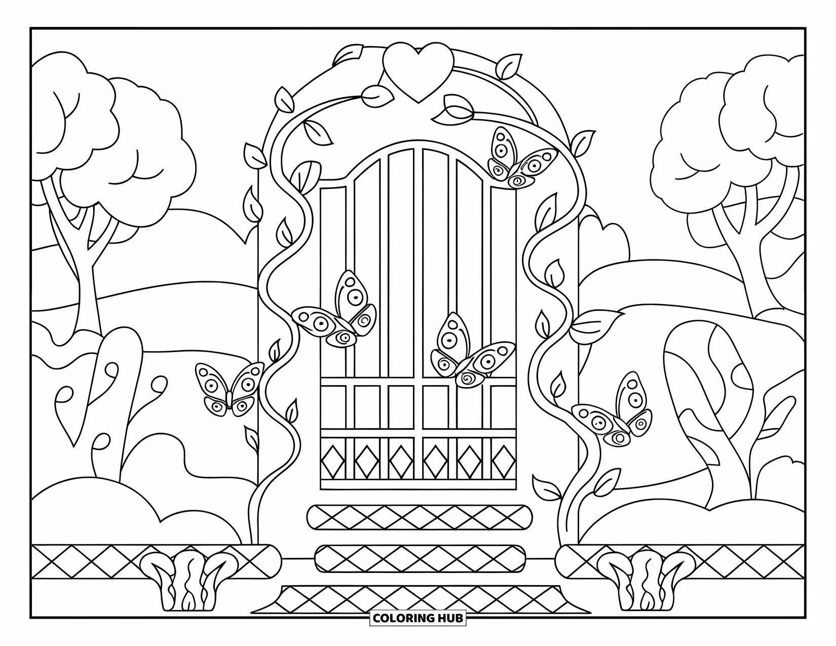 June Coloring Page for Adults: Butterflies flutter near a vine-covered gate with patterned stones and gentle hills
