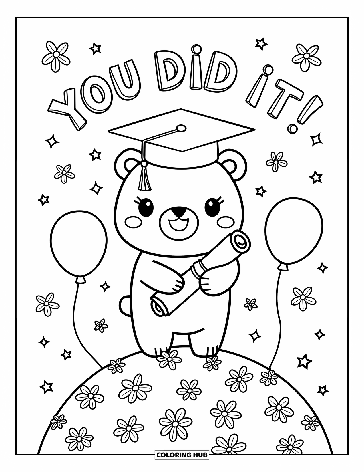 June Coloring Page for Adults: Cheerful bear in a graduation cap stands on a hilltop with flowers and balloons