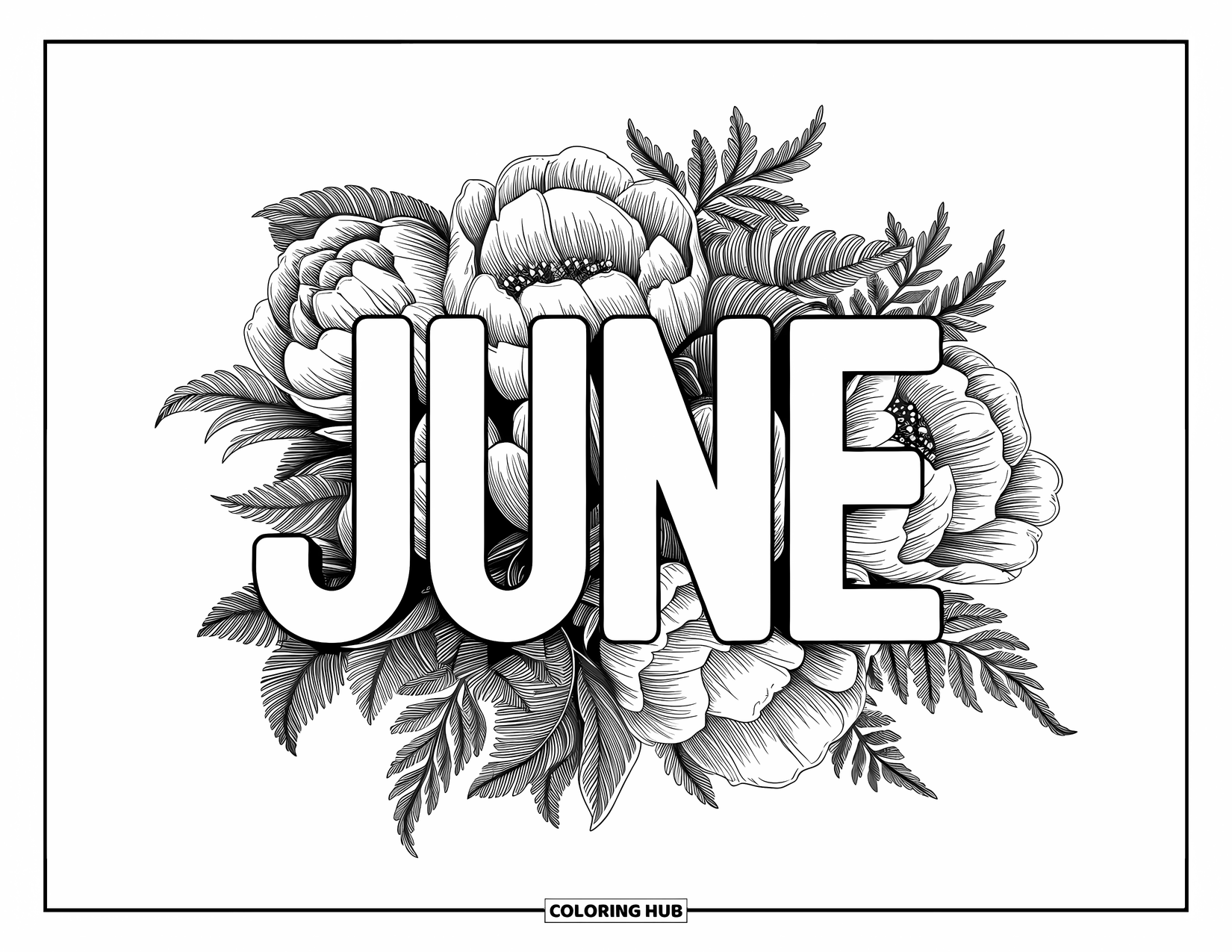 June Coloring Page for Adults: Decorative "June" text wrapped in detailed peony and fern illustrations