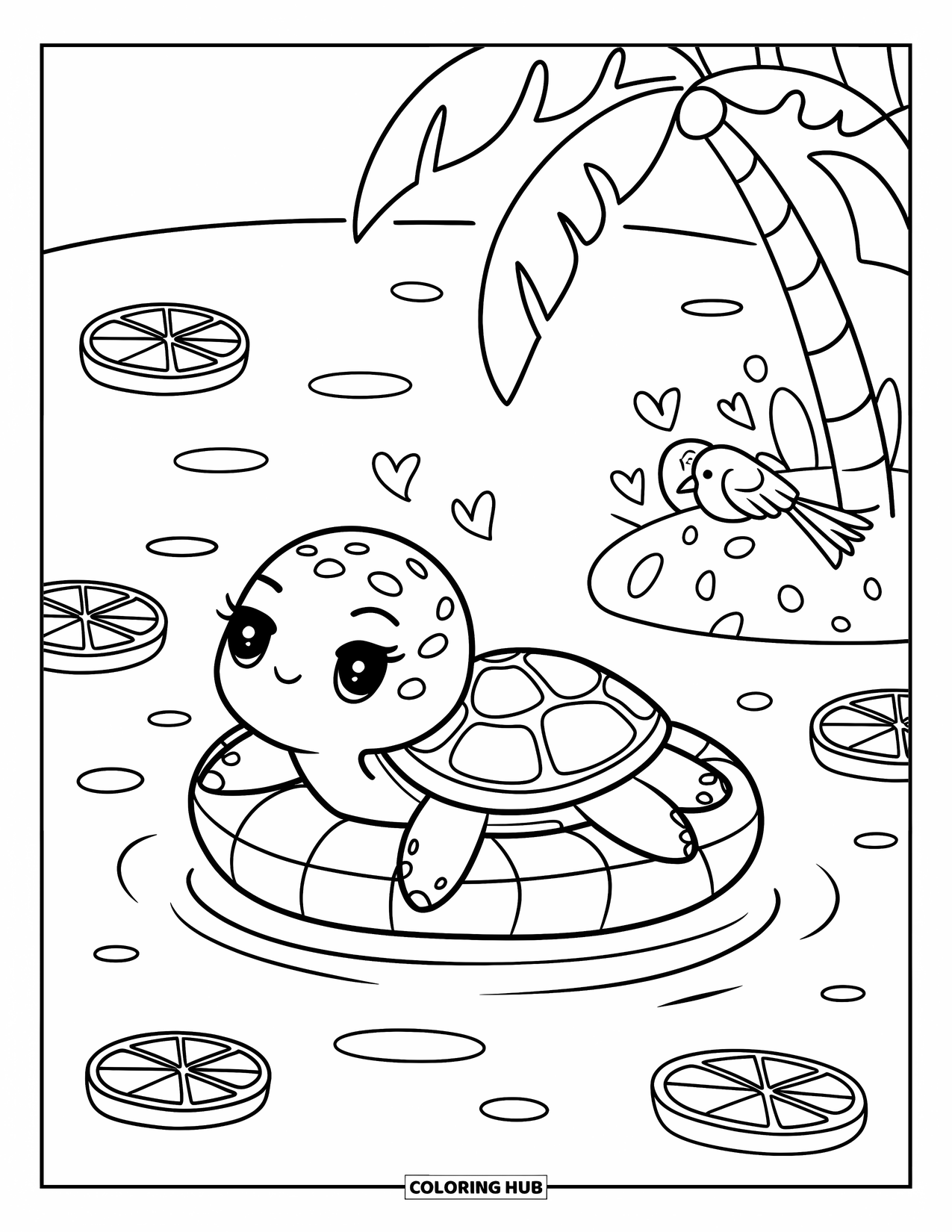 June Coloring Page for Adults: Floating turtle drifts in calm water near lemon slices and a sleepy bird in a tree