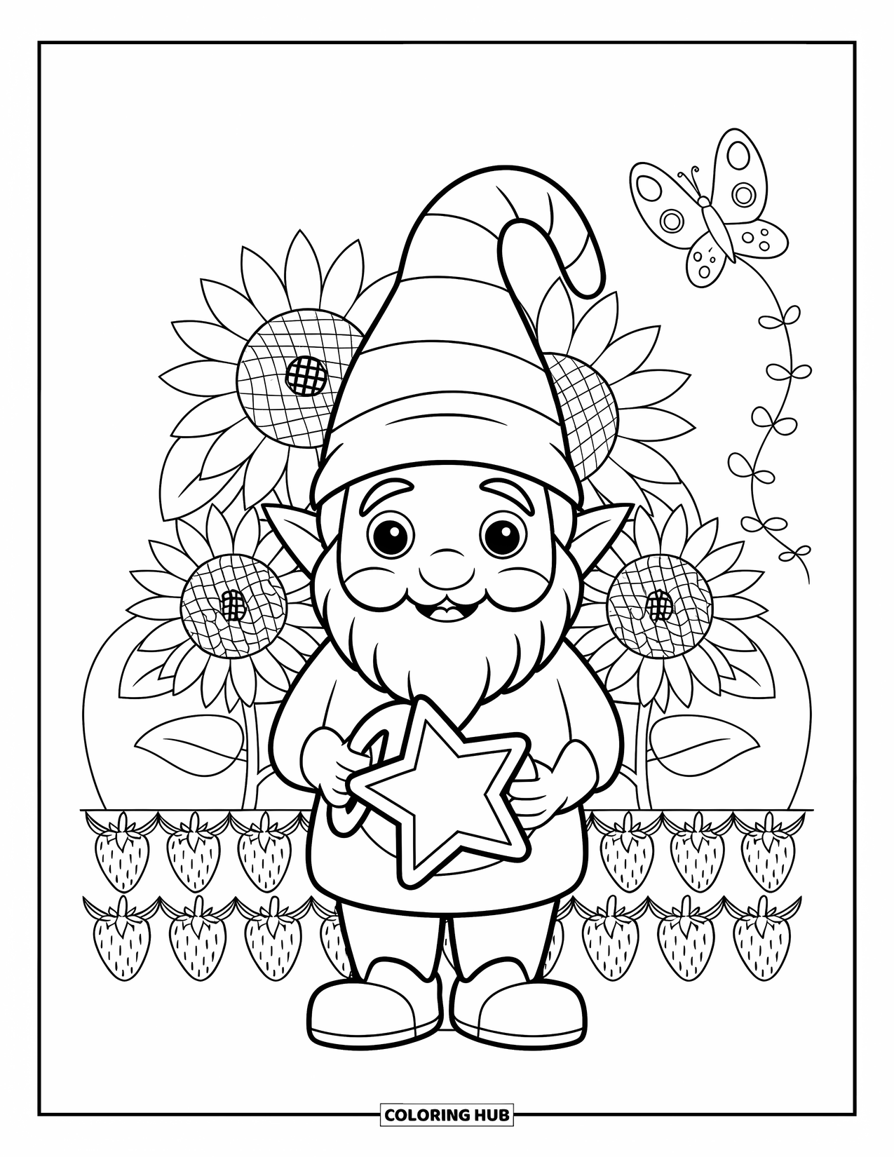 June Coloring Page for Adults: Gnome waters sunflowers and strawberries with a star-shaped can under a butterfly kite