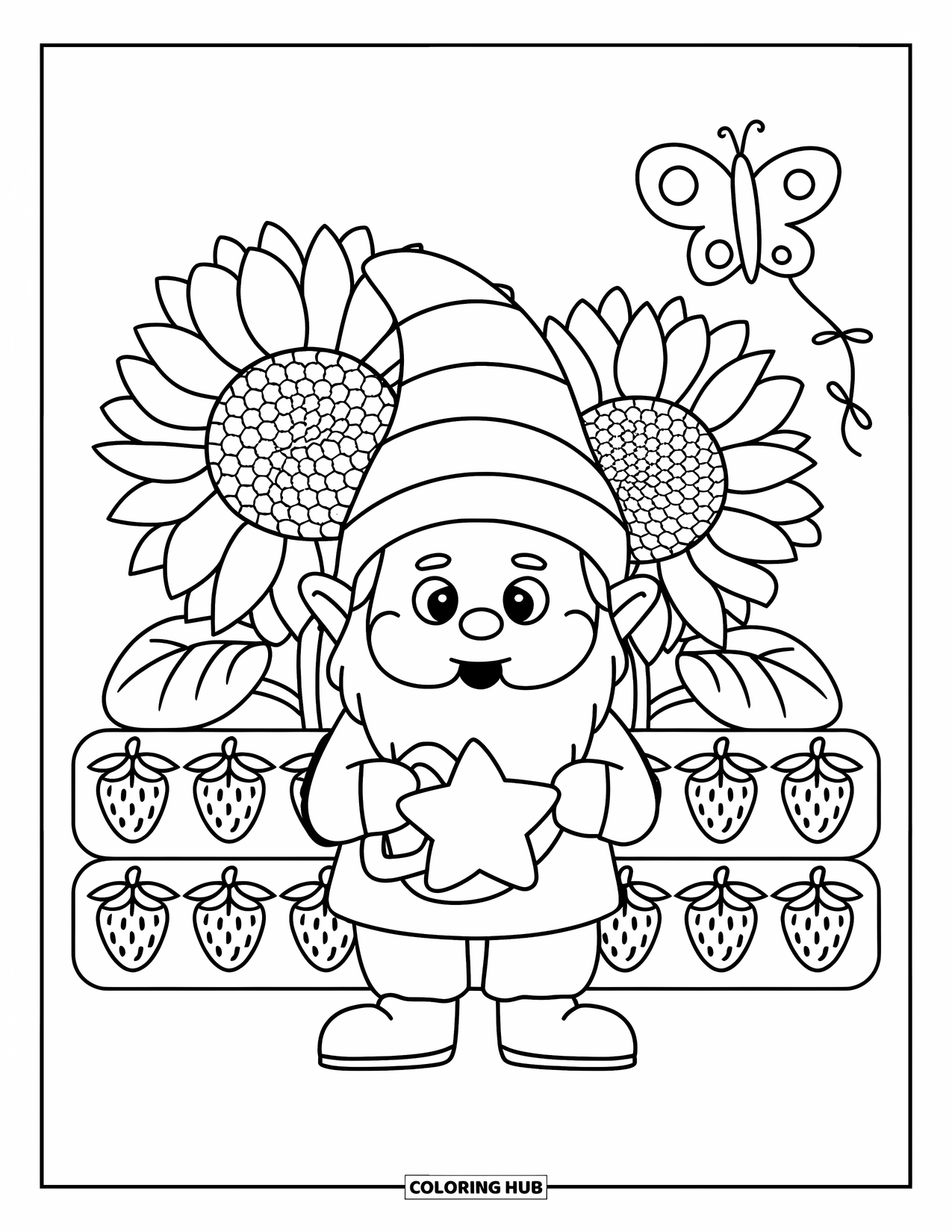 June Coloring Page for Adults: Gnome with a star watering can stands by sunflowers, strawberries, and a butterfly kite