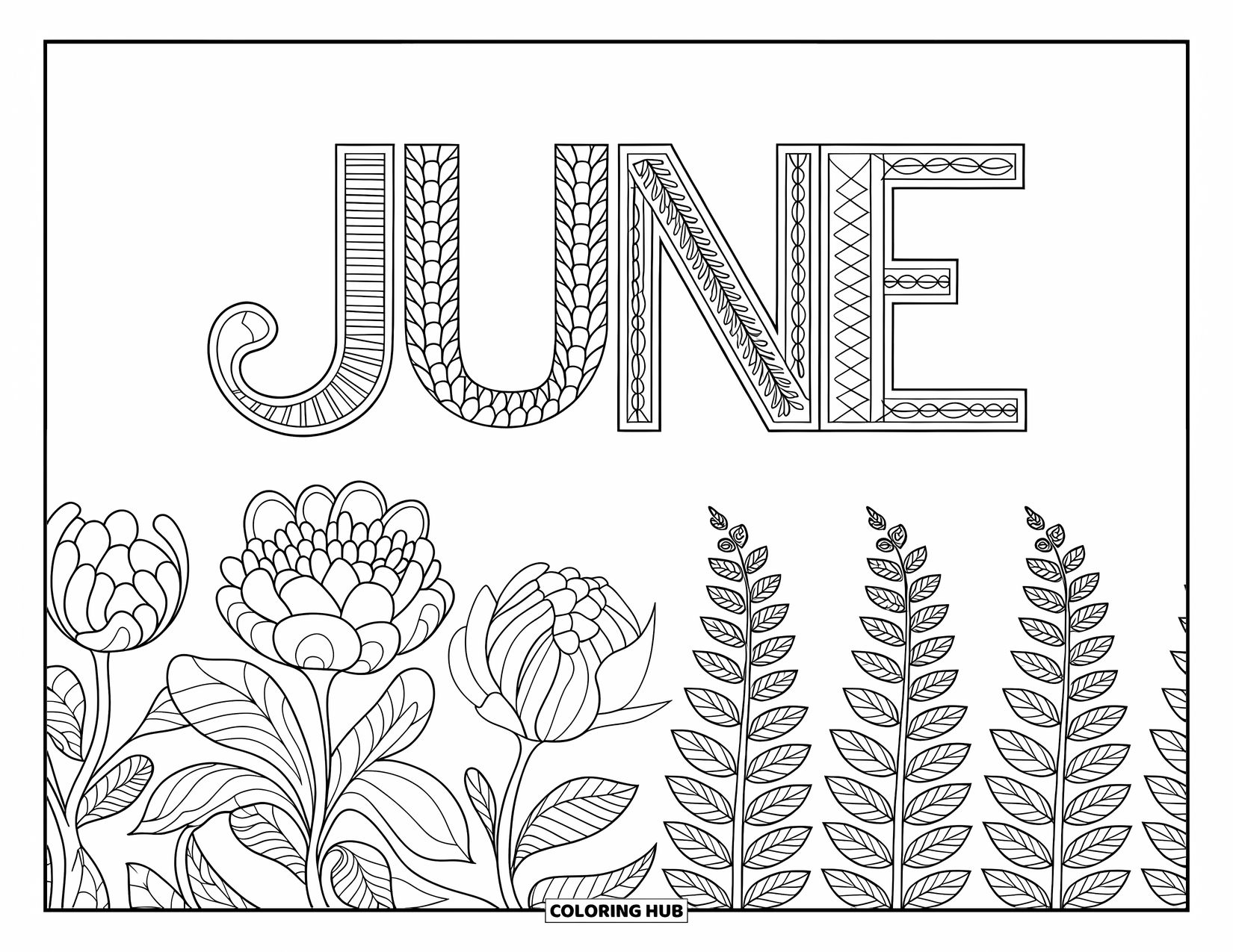 June Coloring Page for Adults: "June" lettering sits above blooming peonies and tall ferns in a floral layout
