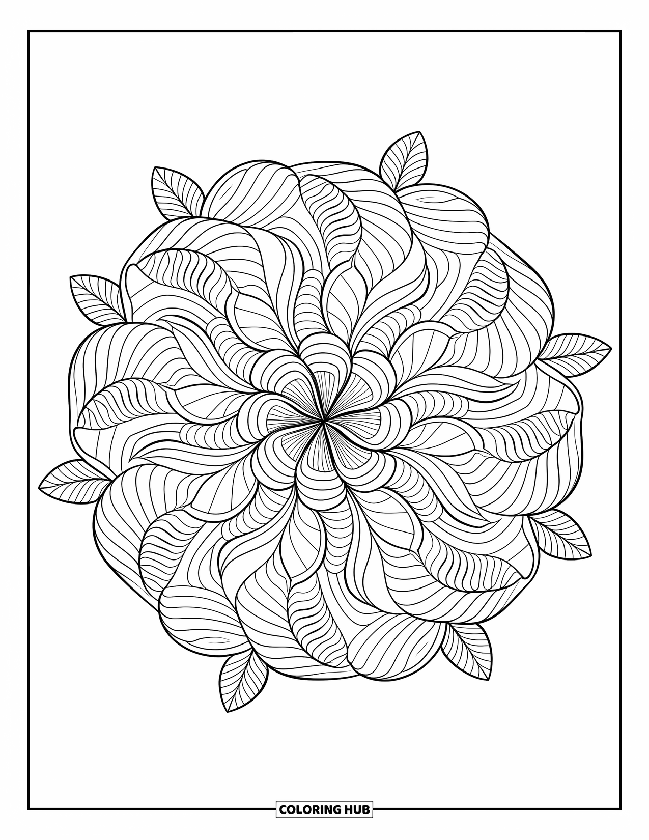 June Coloring Page for Adults: Layered mandala featuring seashells, leafy shapes, and swirling wave elements