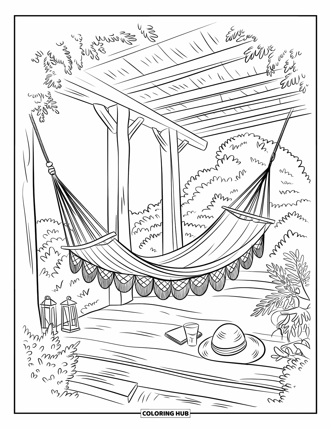 June Coloring Page for Adults: Rustic porch hammock with a drink, book, lantern, and potted plant in a leafy setting