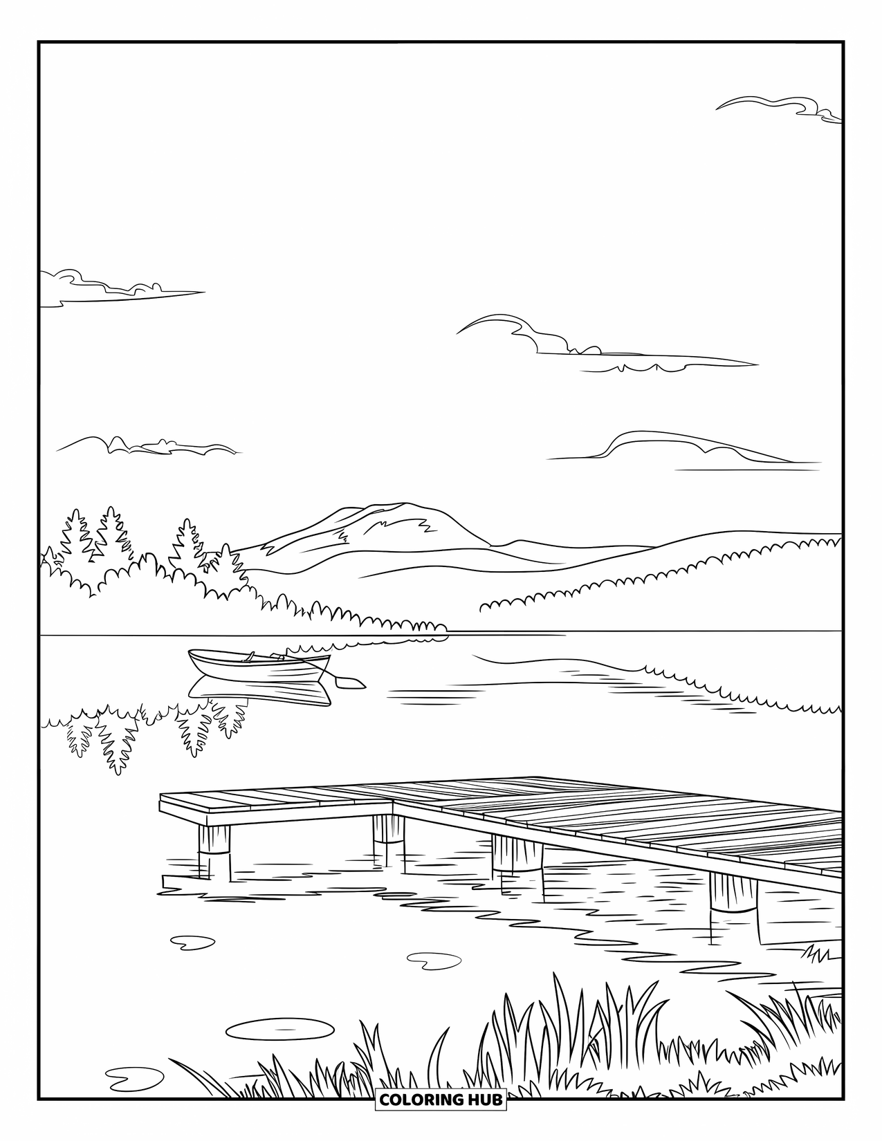 June Coloring Page for Adults: Still lake scene with wooden dock, small rowboat, and distant mountain views