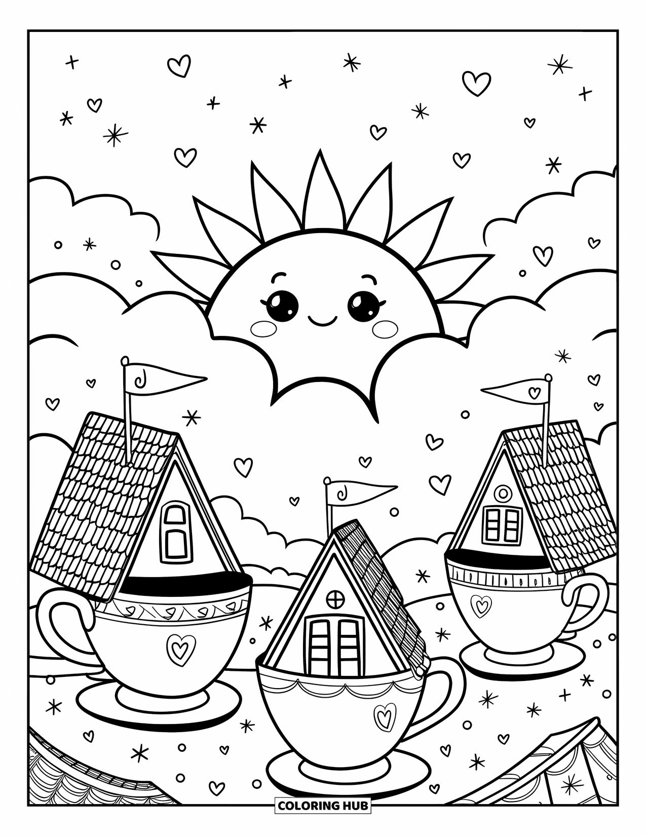 June Coloring Page for Adults: Sun character peeks through clouds over a tiny town with flags and sparkles