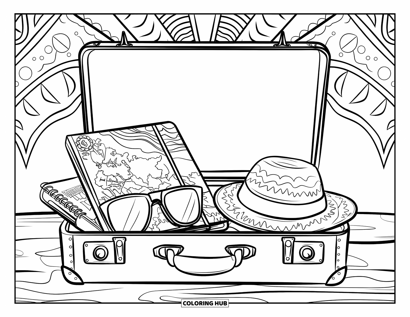 June Coloring Page for Adults: The suitcase rests on wood, filled with travel essentials and surrounded by patterns