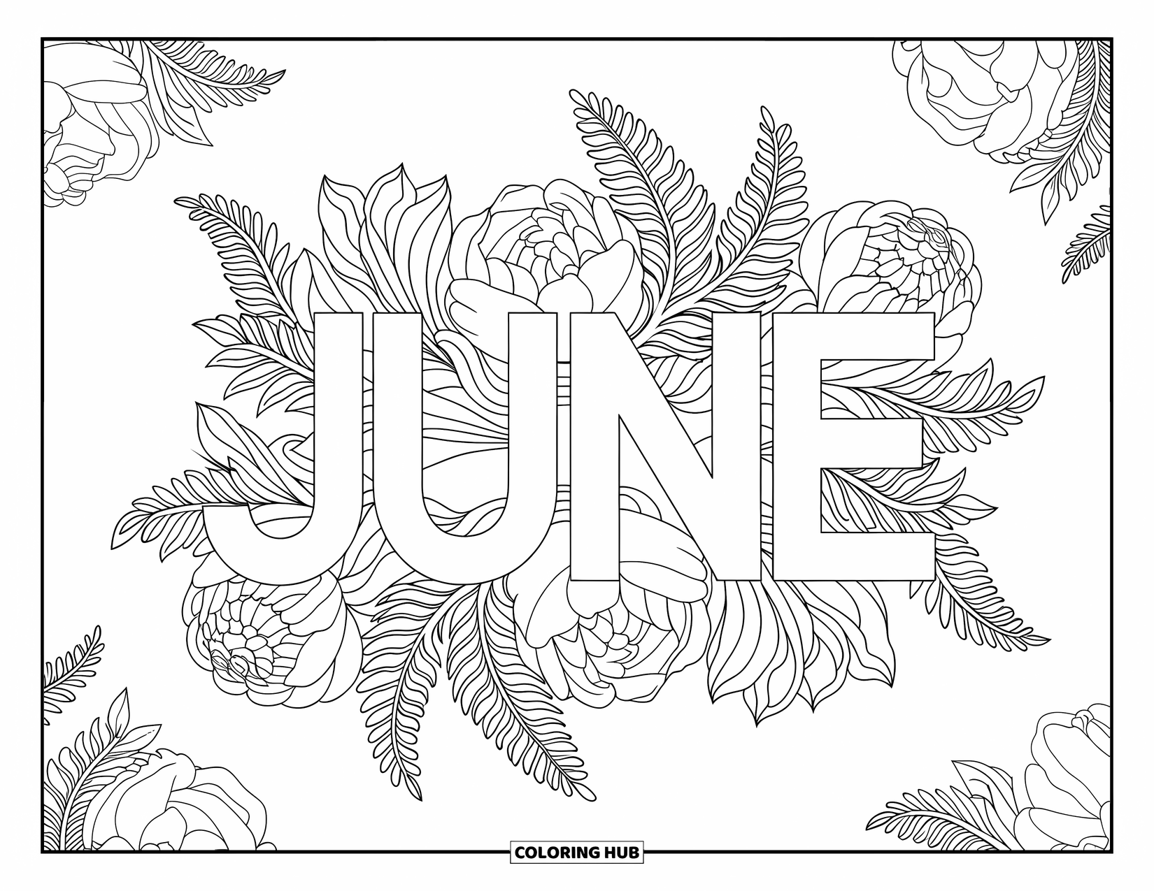 June Coloring Page for Adults: The word "June" framed by elegant peonies and fern leaves in a detailed design