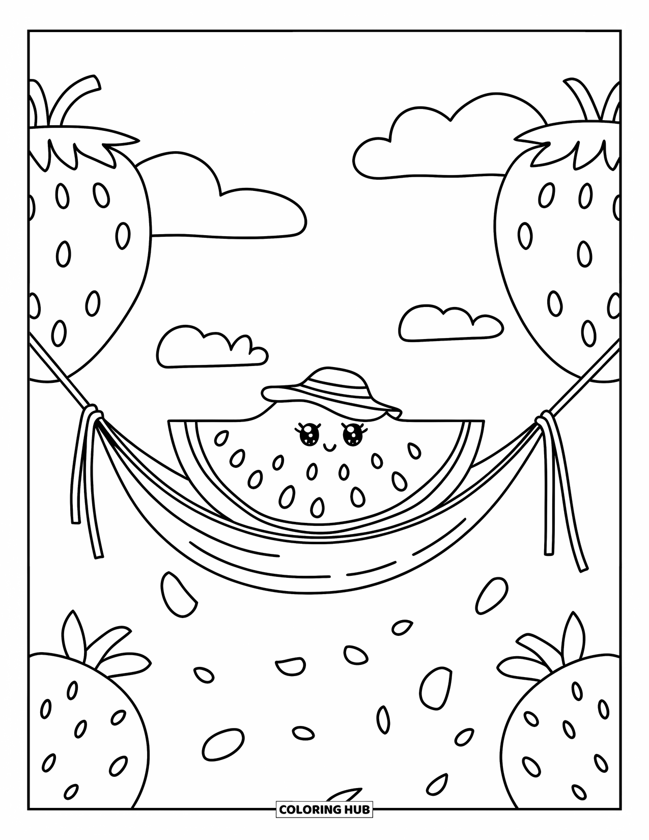 June Coloring Page for Adults: Watermelon character naps in a hammock with polka-dot petals and soft clouds above