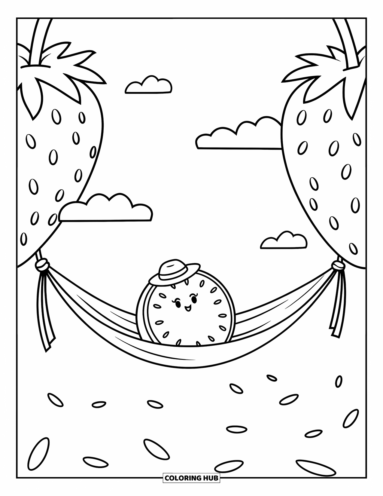 June Coloring Page for Adults: Watermelon slice in a hammock between strawberries, wearing a sun hat under gentle clouds