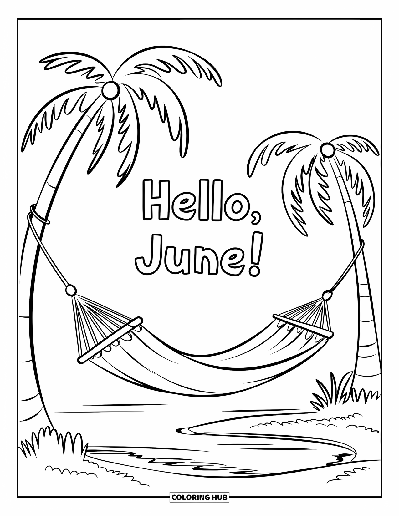 June Coloring Page for Kids: A hammock sways between palm trees with "Hello, June!" above a calm beach