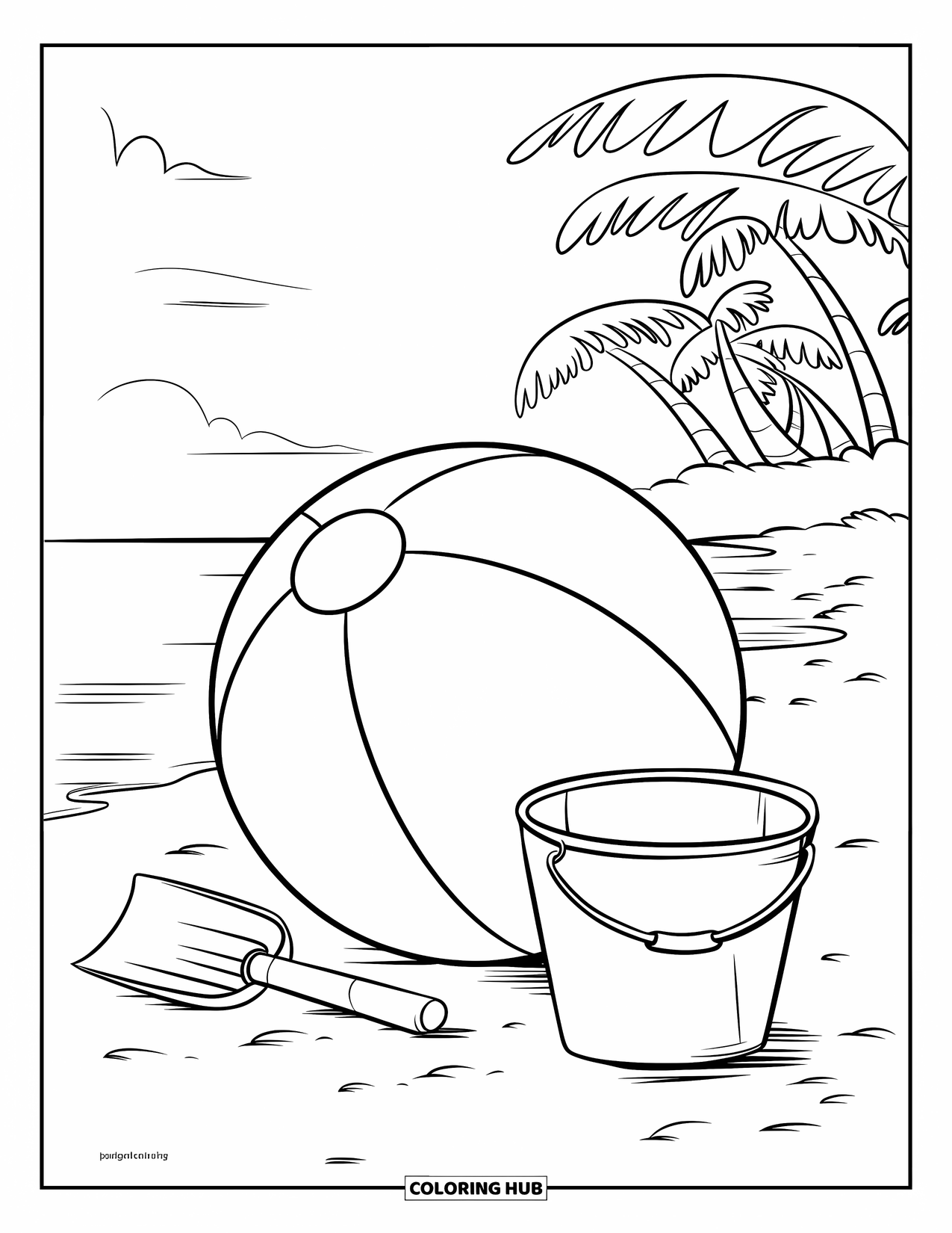 June Coloring Page for Kids: Beach ball, pail, and shovel beside palm trees under a partly cloudy sky