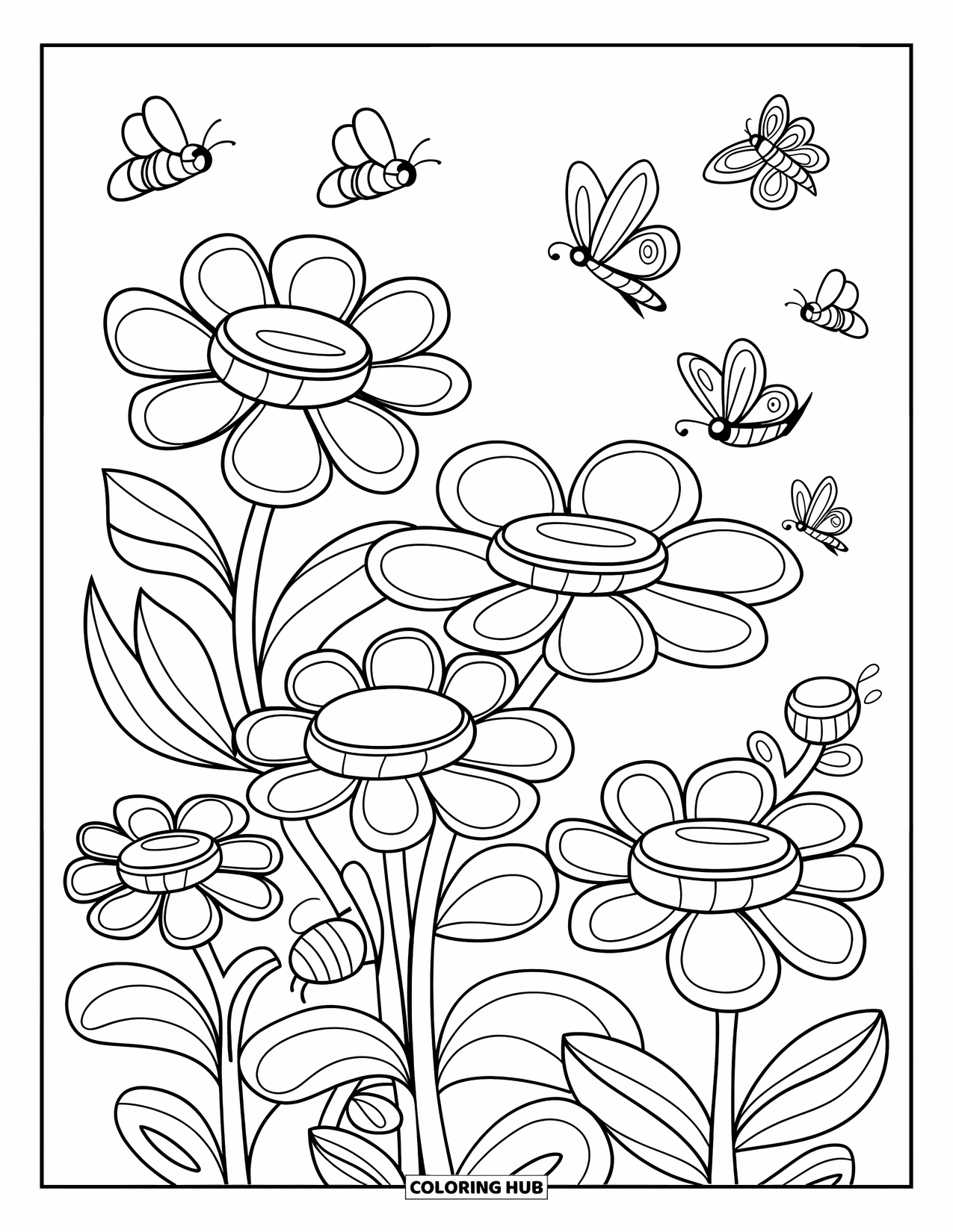 June Coloring Page for Kids: Bees and butterflies fly over layered flowers in a lively garden scene
