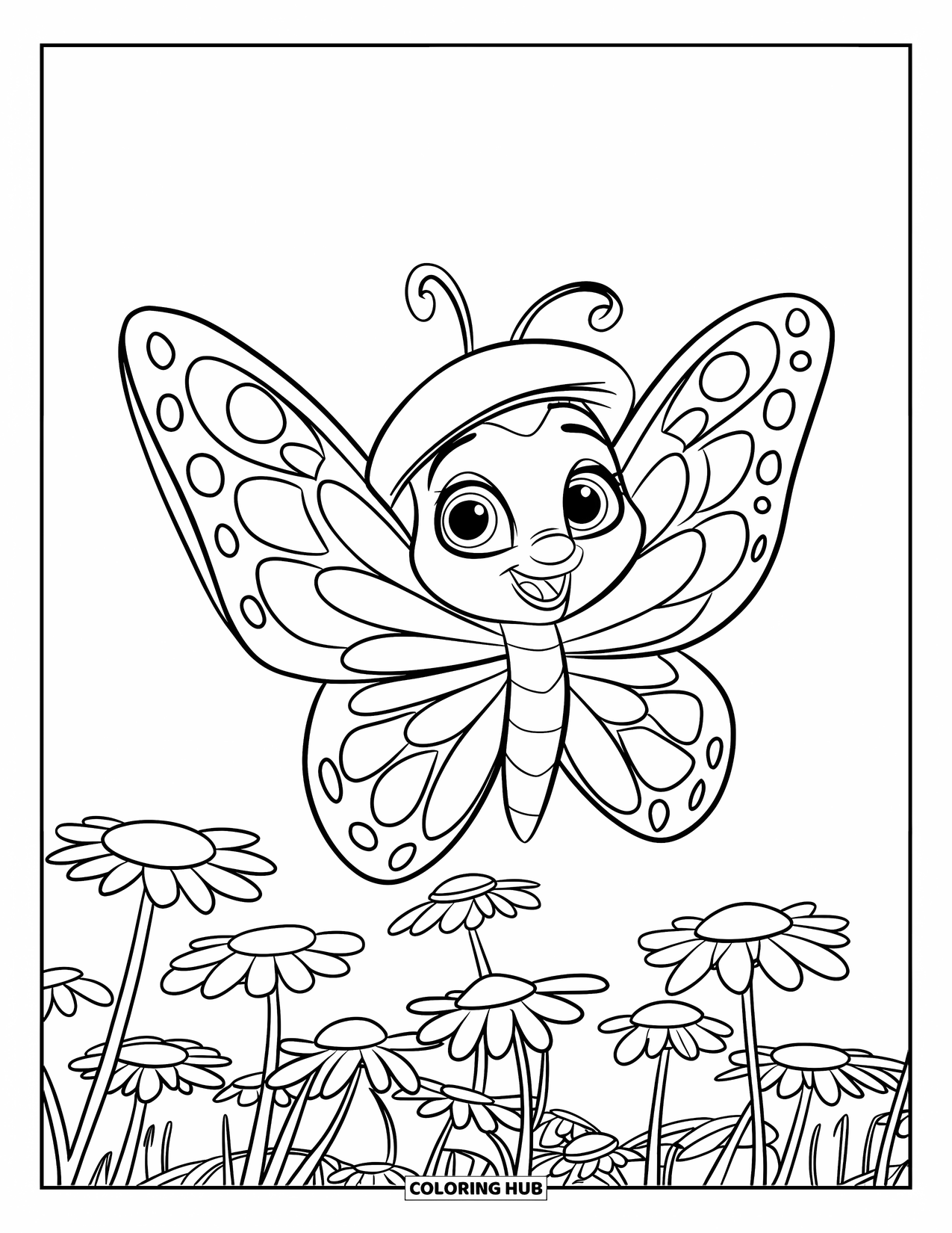 June Coloring Page for Kids: Butterfly in a tiny hat glides above a daisy-filled field and open sky