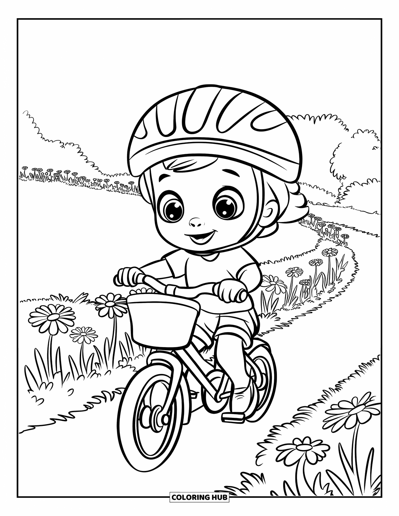 June Coloring Page for Kids: Child with helmet pedals happily past flowers on a sunny path
