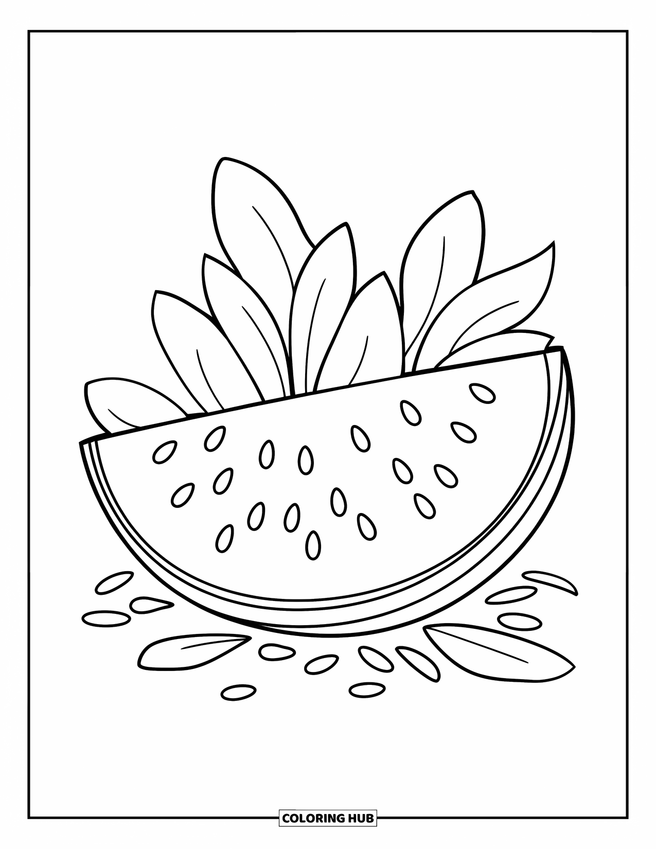 June Coloring Page for Kids: Cut watermelon slice with seeds and leafy bits all around