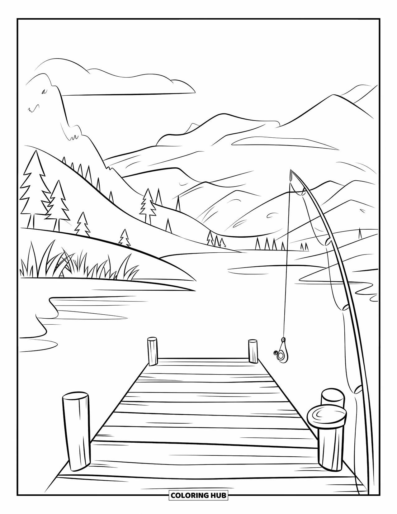 June Coloring Page for Kids: Dock with a fishing pole beside a calm lake and mountains in the background