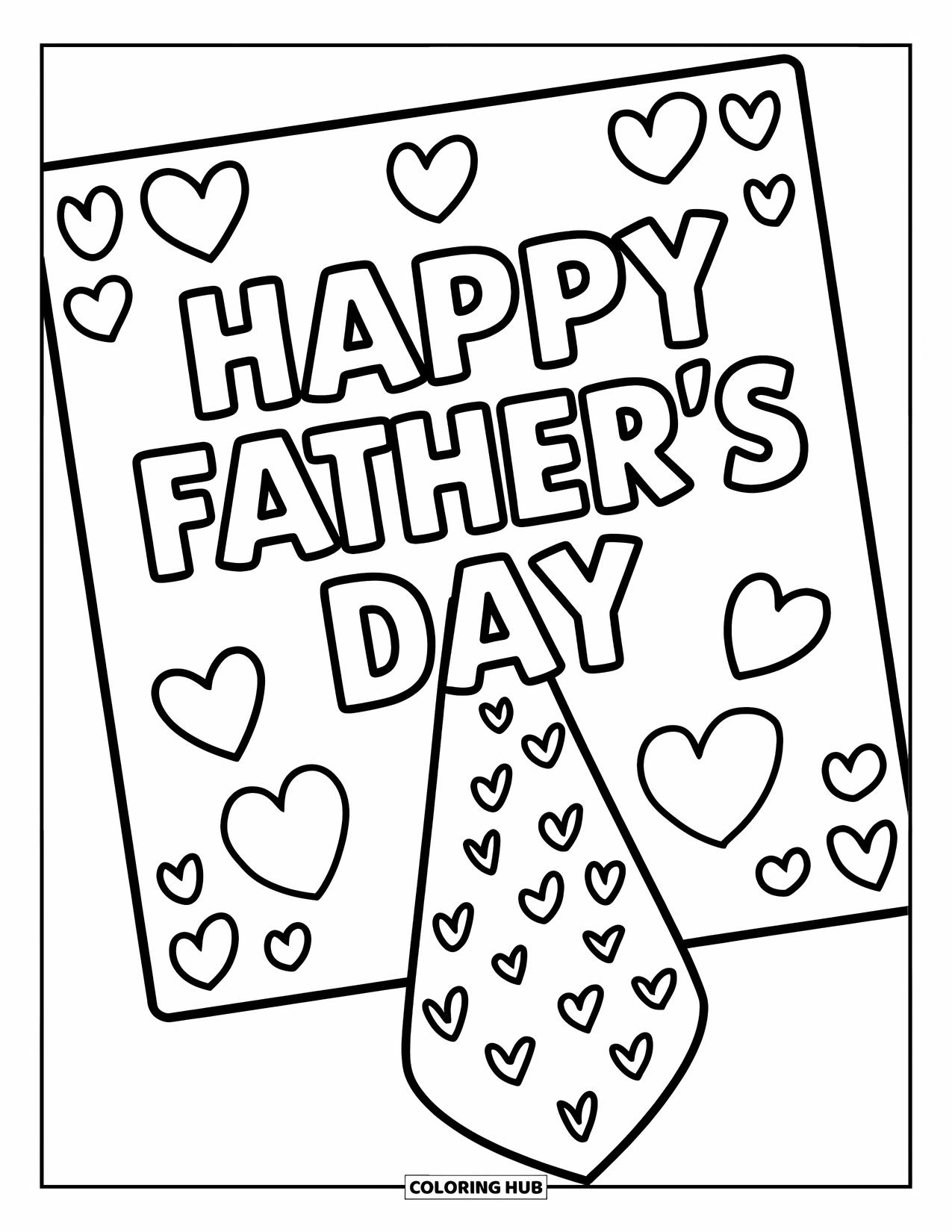June Coloring Page for Kids: Father's Day card with heart-patterned necktie and scattered heart doodles