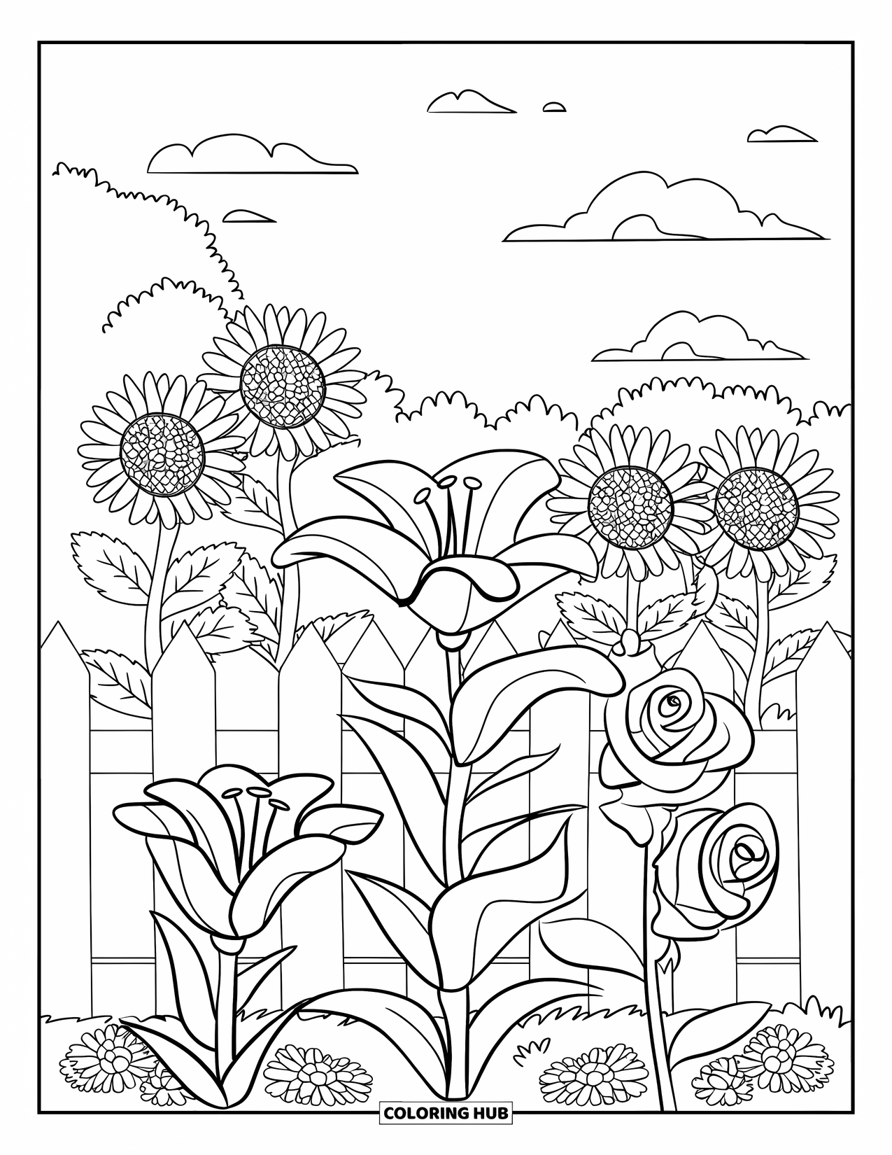 June Coloring Page for Kids: Garden of lilies, roses, and sunflowers framed by a white picket fence
