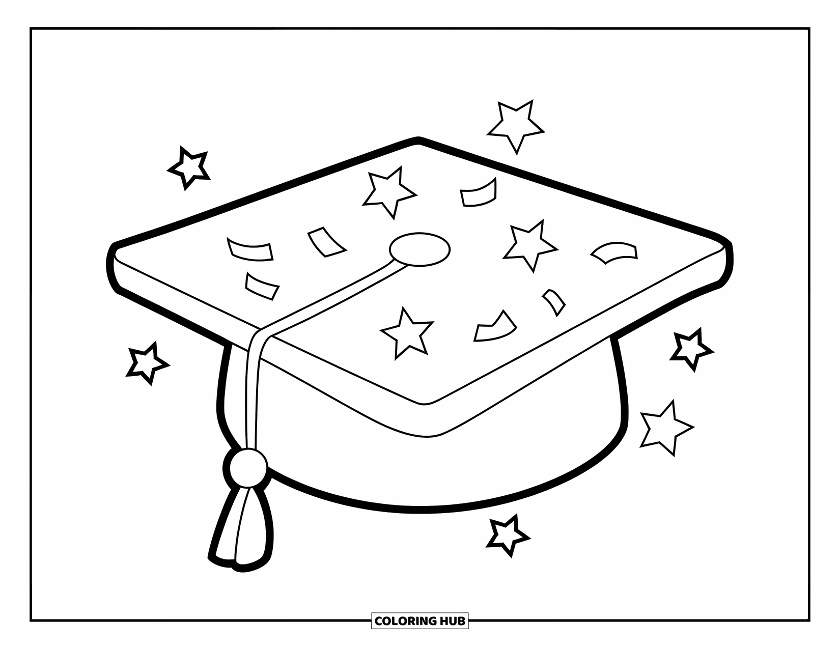 June Coloring Page for Kids: Graduation cap with clean lines and scattered stars on a white background