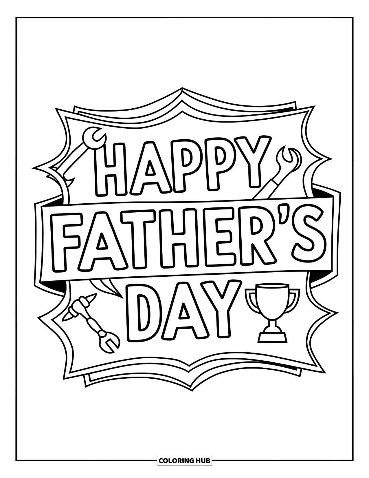 June Coloring Page for Kids: "Happy Father's Day" banner with tools and a small trophy below