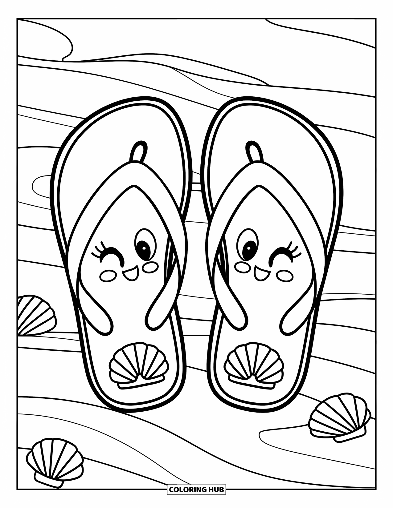 June Coloring Page for Kids: Happy flip-flops with smiling faces lie on a sandy patch with scattered shells