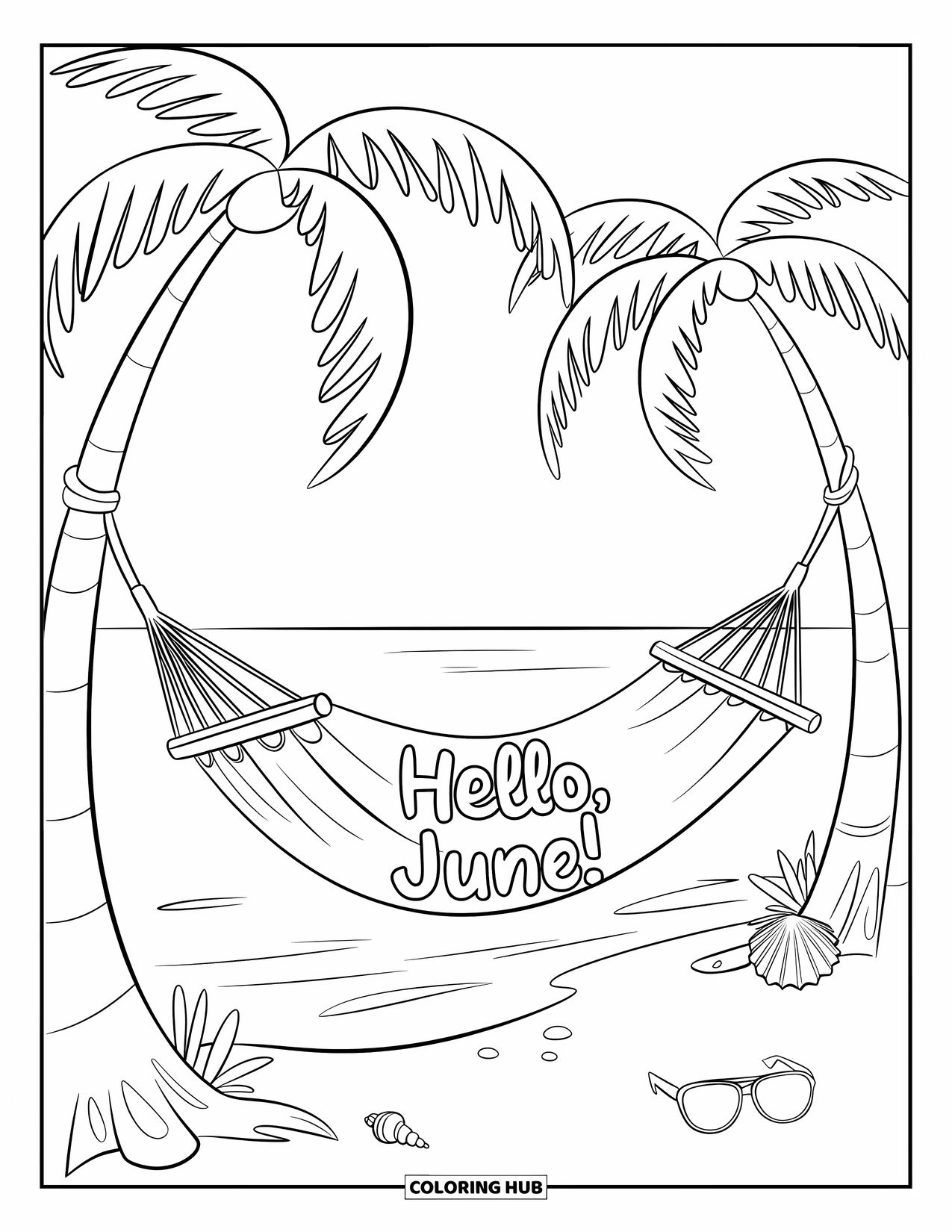 June Coloring Page for Kids: "Hello, June!" hammock rests by the sea with seashells and sunglasses nearby