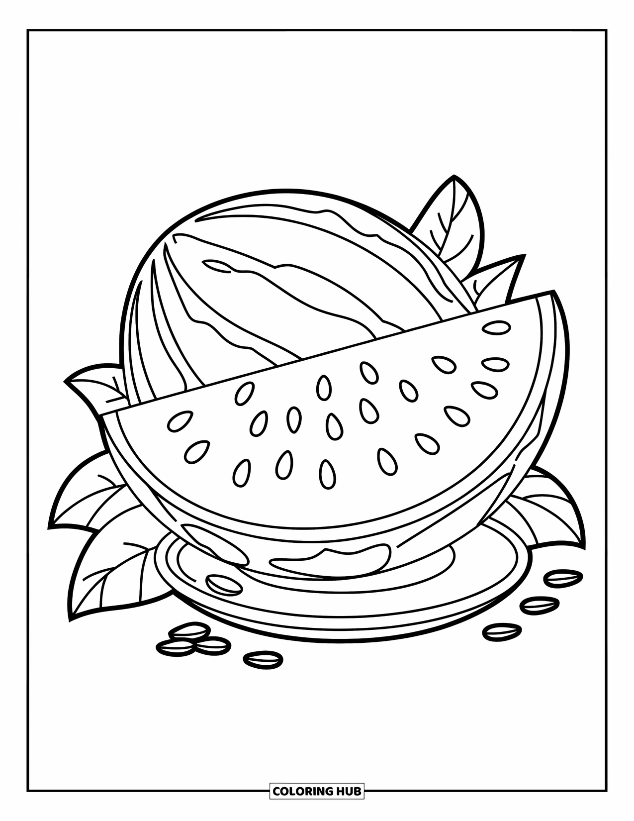 June Coloring Page for Kids: Juicy watermelon slice with leaves scattered around
