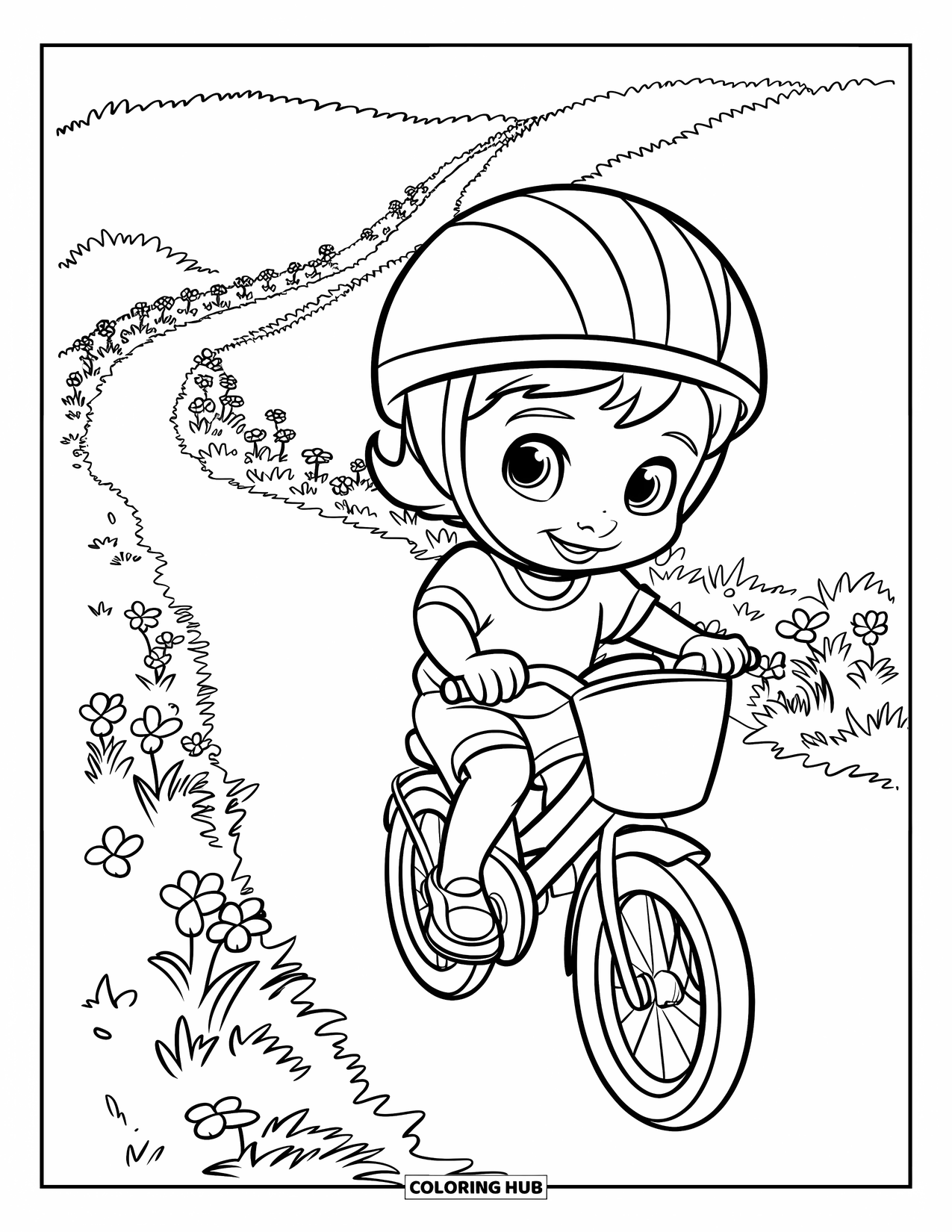 June Coloring Page for Kids: Kid on a bike rides a path lined with flowers and gentle hills