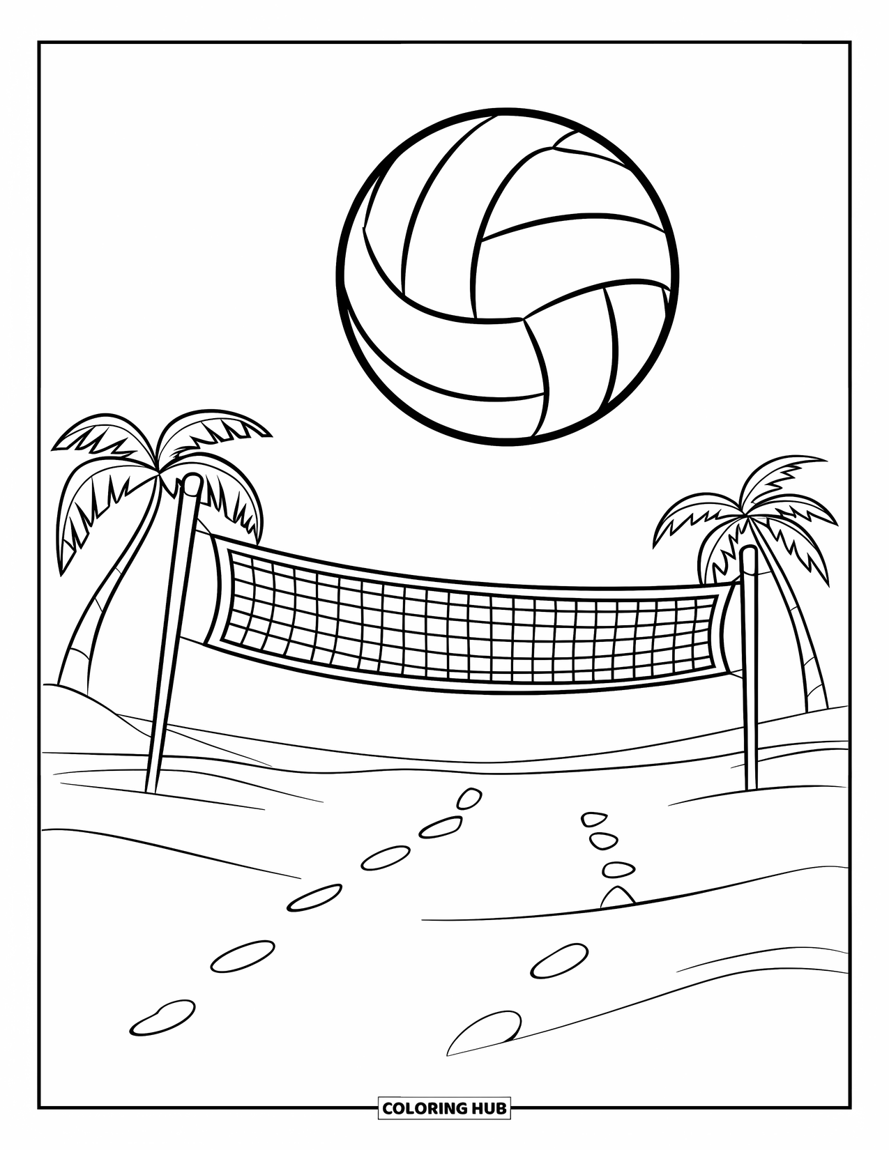 June Coloring Page for Kids: Mid-air volleyball above the net with sand prints and palm trees in the back