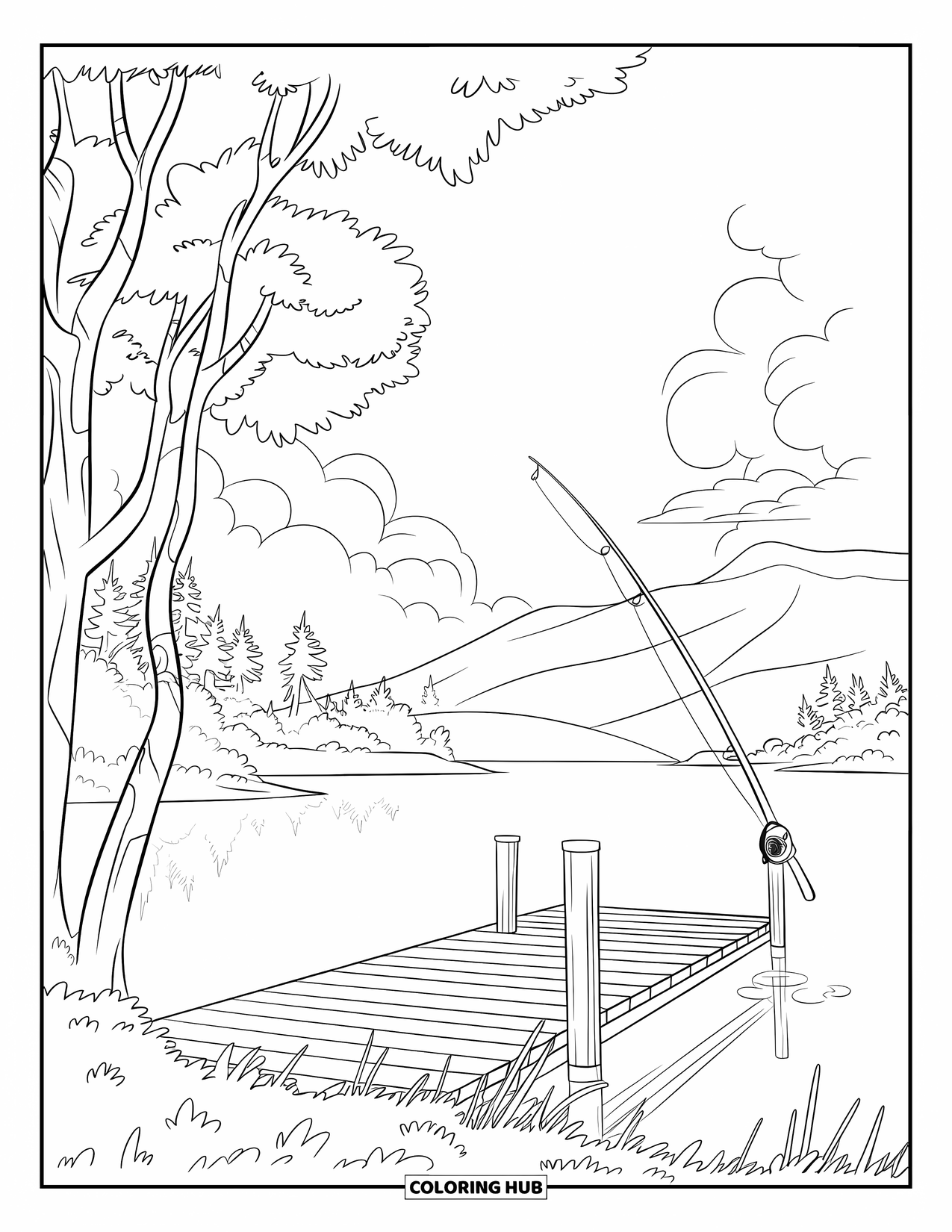 June Coloring Page for Kids: Peaceful lake scene with a dock, fishing pole, and distant mountain view