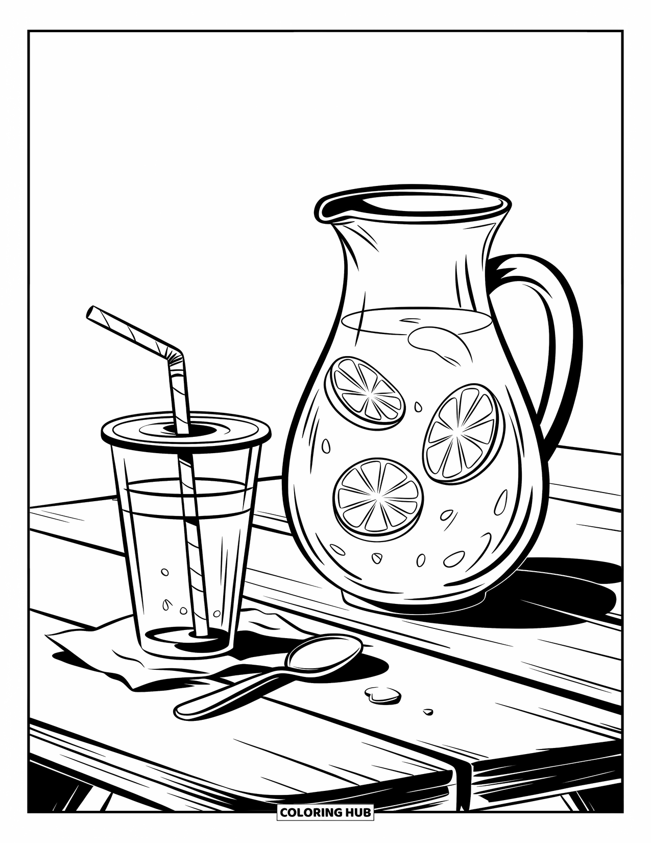 June Coloring Page for Kids: Pitcher with lemon slices, cup, and spoon on a picnic table with a clean backdrop