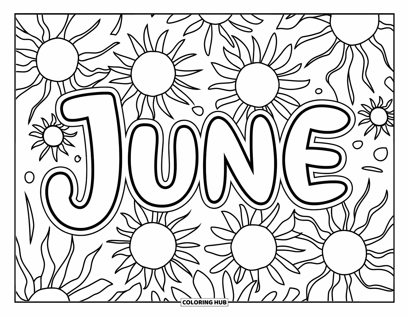 June Coloring Page for Kids: Playful "June" lettering surrounded by flowers and shining suns