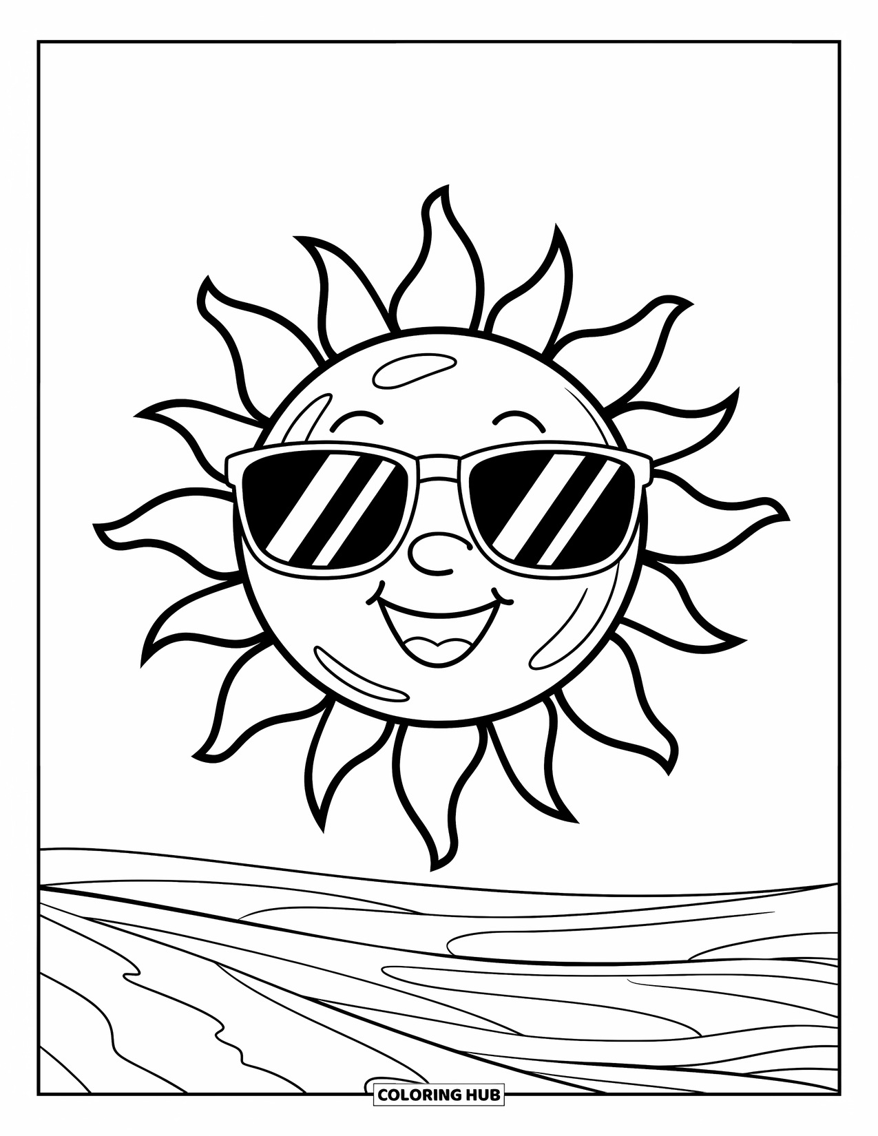 June Coloring Page for Kids: Smiling sun in sunglasses floats above the sandy beach