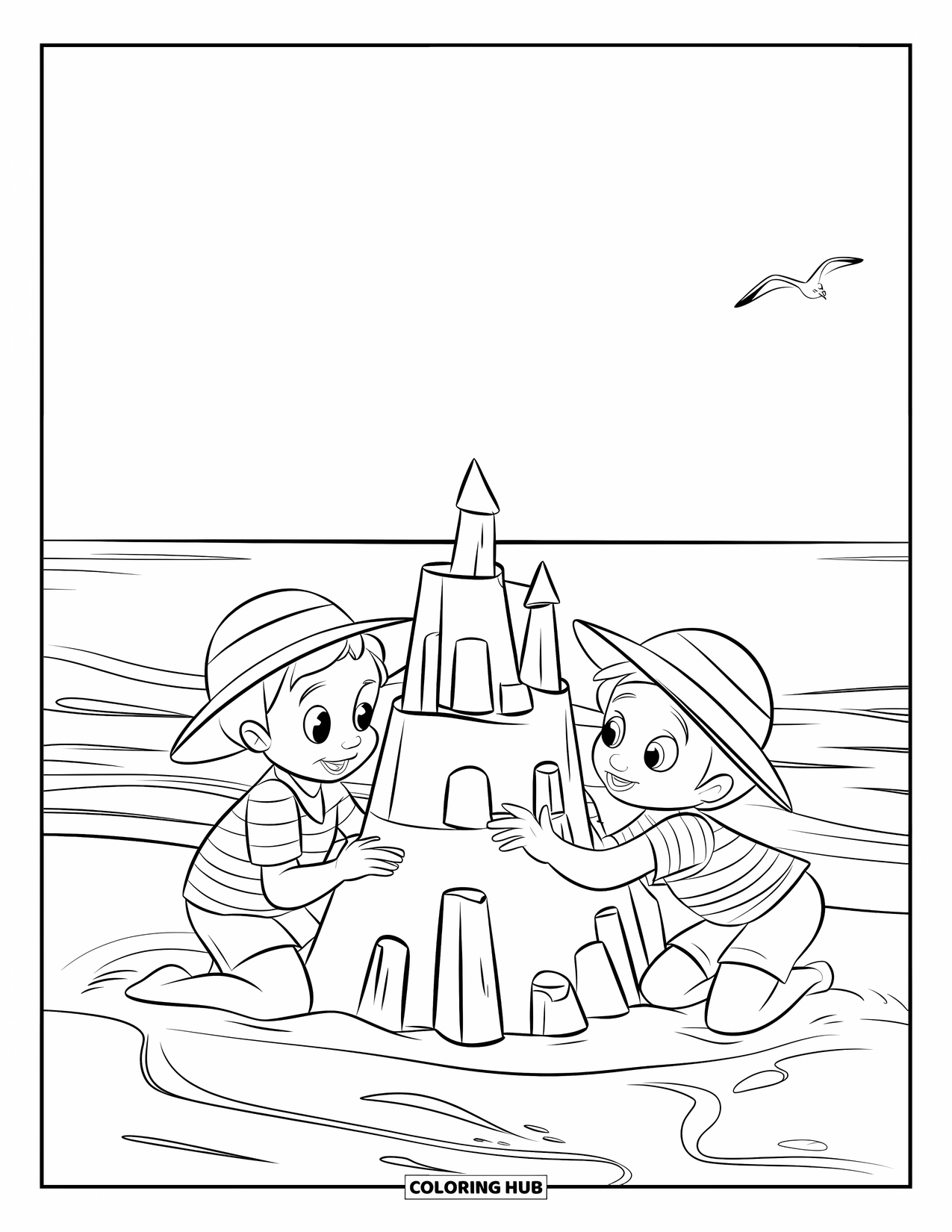 June Coloring Page for Kids: Striped-shirt kids shape a sandcastle by the ocean with seagulls overhead