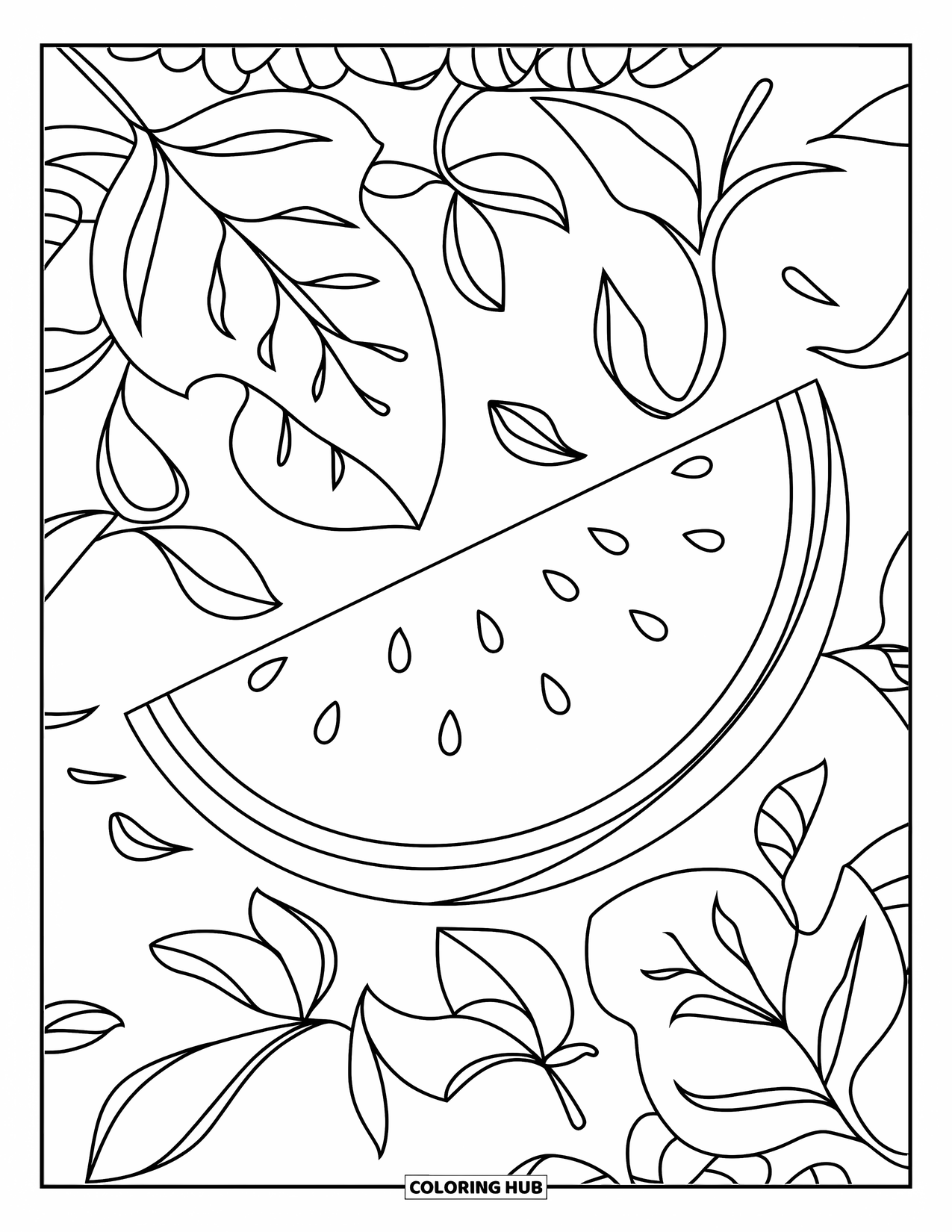 June Coloring Page for Kids: Watermelon slice with seeds and leaves rests on a plate