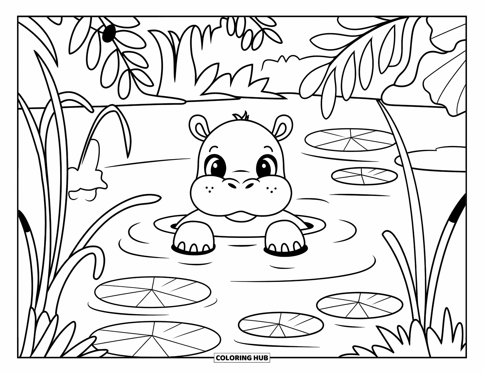 Jungle Coloring Page for Adults: A baby hippopotamus peeks out of a jungle pool with lush plants all around