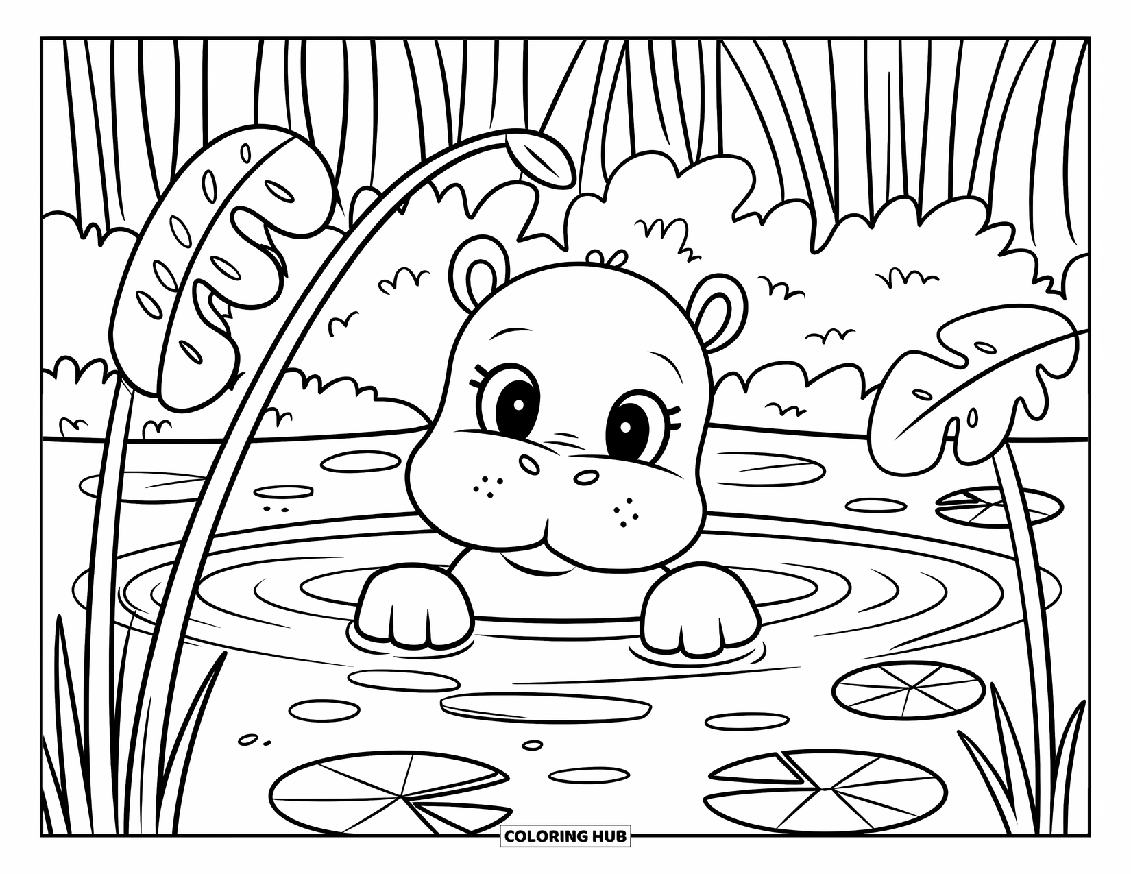 Jungle Coloring Page for Adults: A baby hippopotamus peeks out of a jungle pool with tall trees in the background
