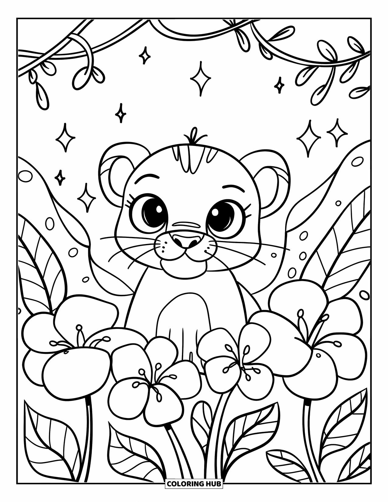 Jungle Coloring Page for Adults: A baby lion peeks from behind giant tropical flowers with swirling vines and sparkly stars