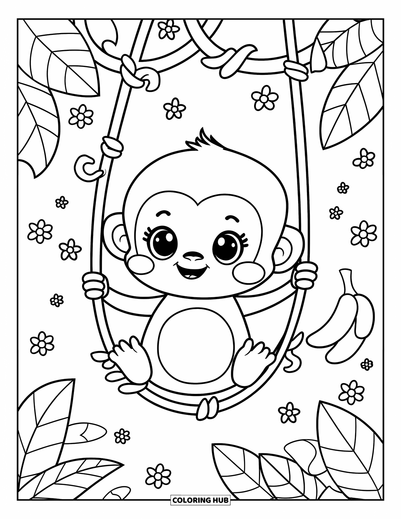 Jungle Coloring Page for Adults: A baby monkey with a round belly swings gently on a vine among jungle leaves and flowers