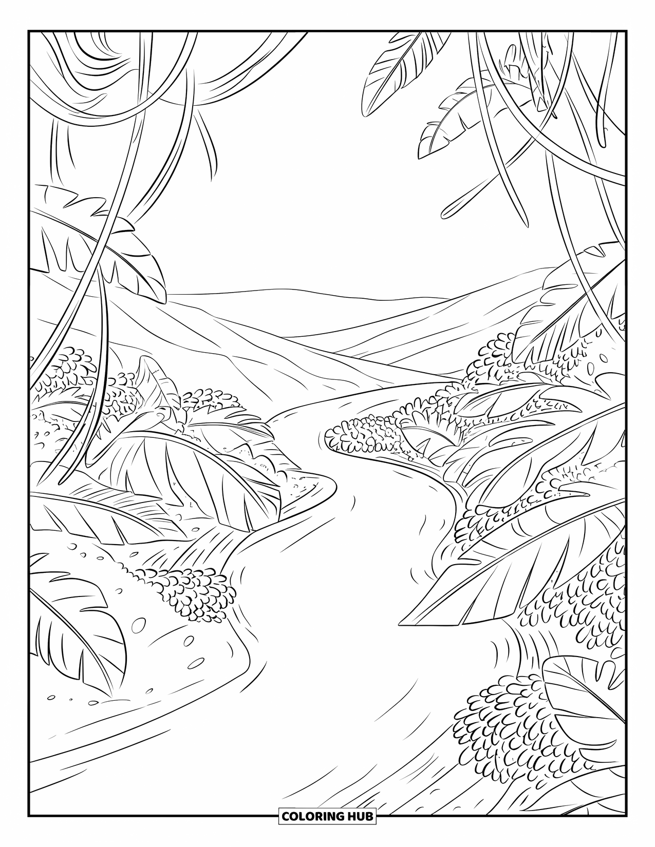 Jungle Coloring Page for Adults: A calm river flows through a jungle valley framed by branches and giant leaves