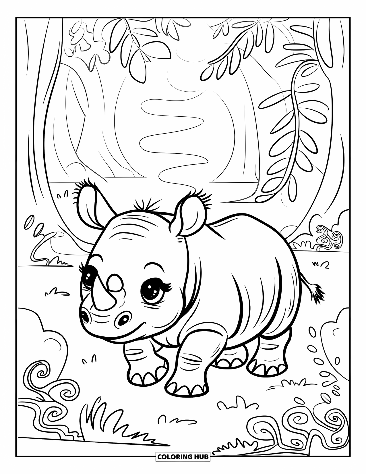 Jungle Coloring Page for Adults: A cheerful baby rhinoceros waddles through a jungle clearing with curly plants and mist