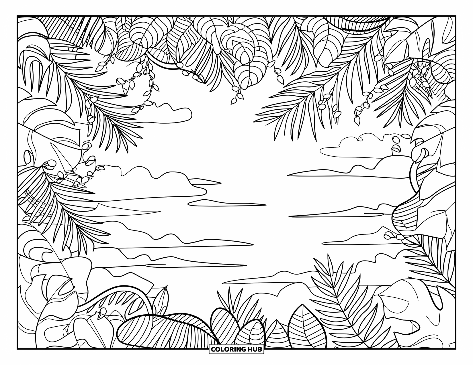 Jungle Coloring Page for Adults: A dense jungle scene filled with layered leaves, twisting vines, and perched birds