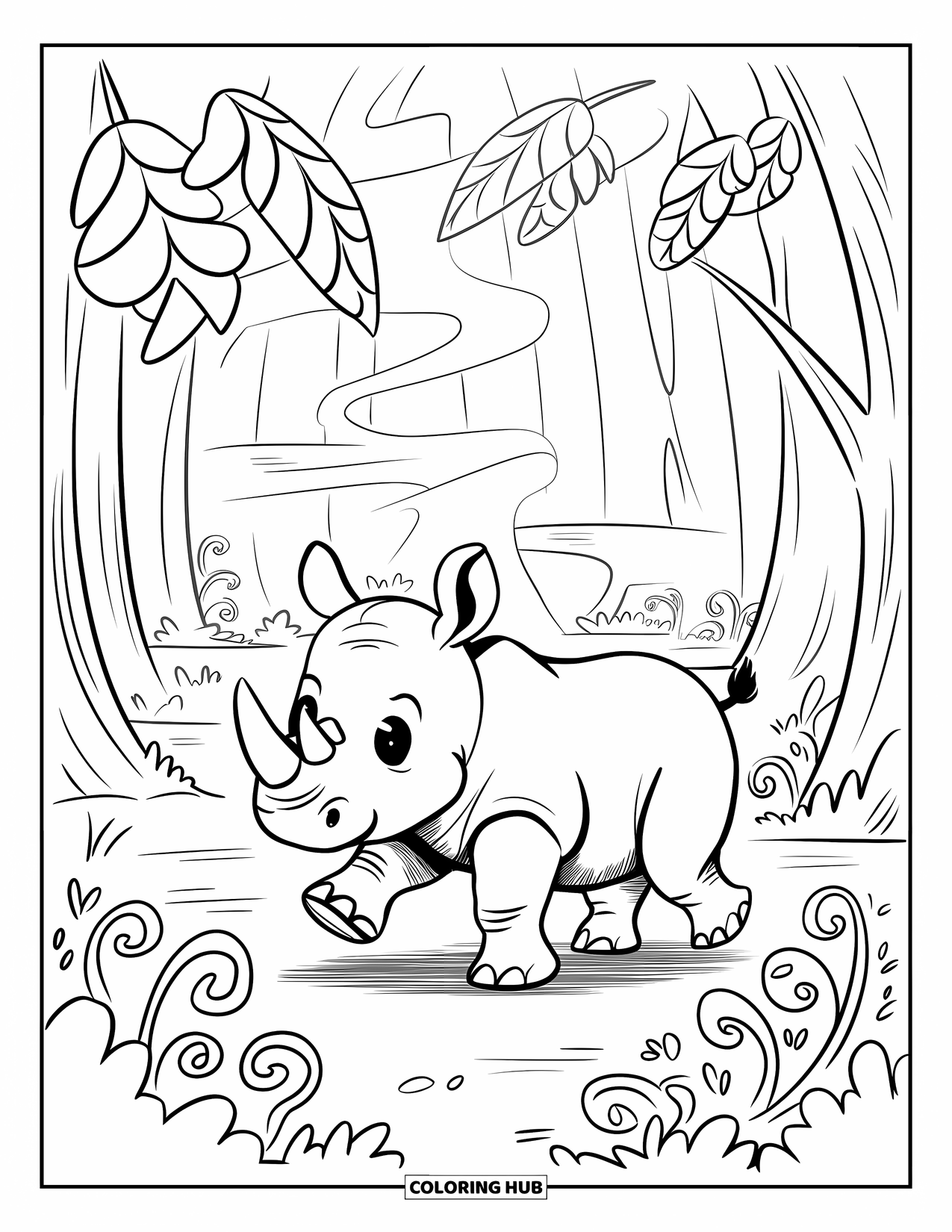 Jungle Coloring Page for Adults: A friendly baby rhinoceros waddles through a jungle clearing under leafy trees