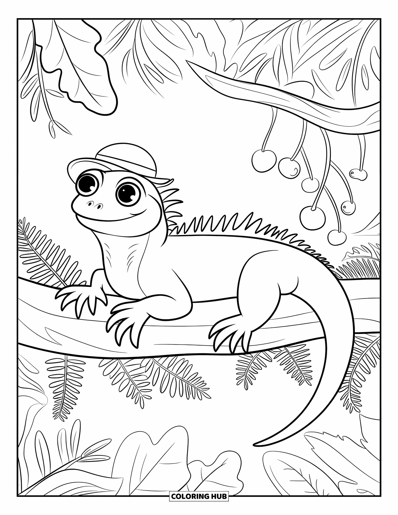 Jungle Coloring Page for Adults: A happy iguana wearing a hat lounges on a jungle branch surrounded by lush plants