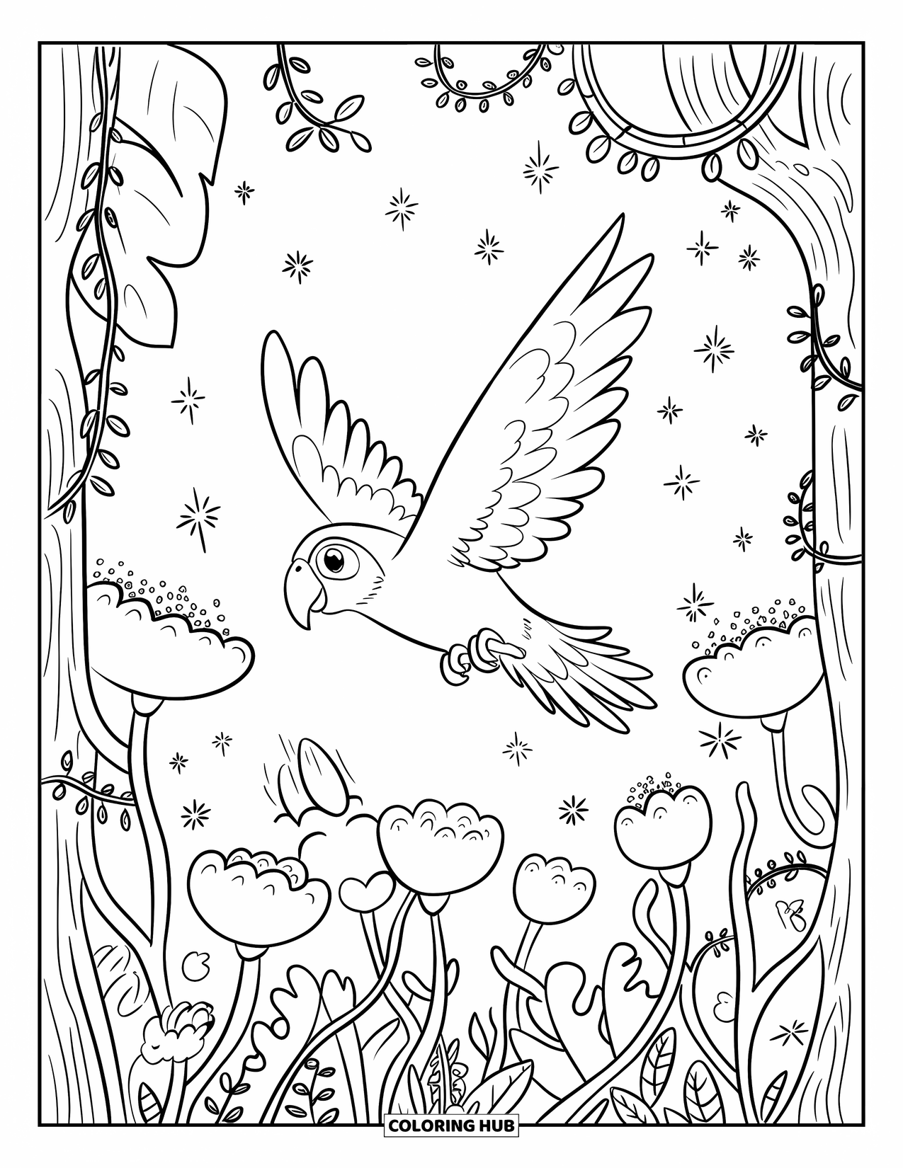 Jungle Coloring Page for Adults: A happy parrot flutters over a jungle clearing with giant flowers and sparkling vines