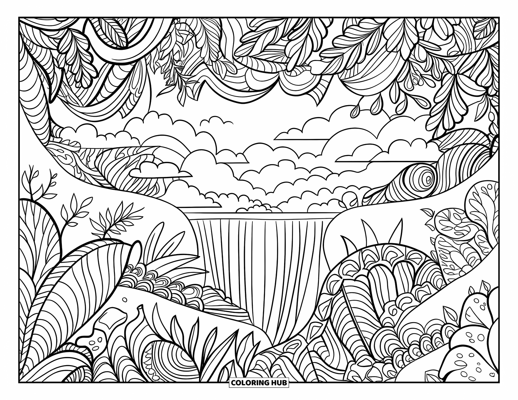 Jungle Coloring Page for Adults: A jungle landscape with tropical leaves, intricate vines, mountains, and waterfalls