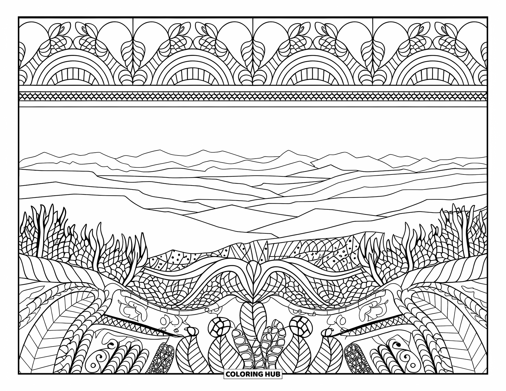 Jungle Coloring Page for Adults: A panoramic jungle view shows layered mountains and dense forest filled with patterns